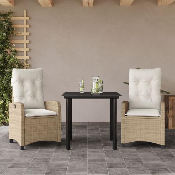 ARDEBO.de - 3-tlg. Garten-Essgruppe mit Kissen Beige Poly Rattan