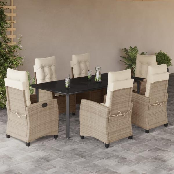 ARDEBO.de - 7-tlg. Garten-Essgruppe mit Kissen Beige Poly Rattan