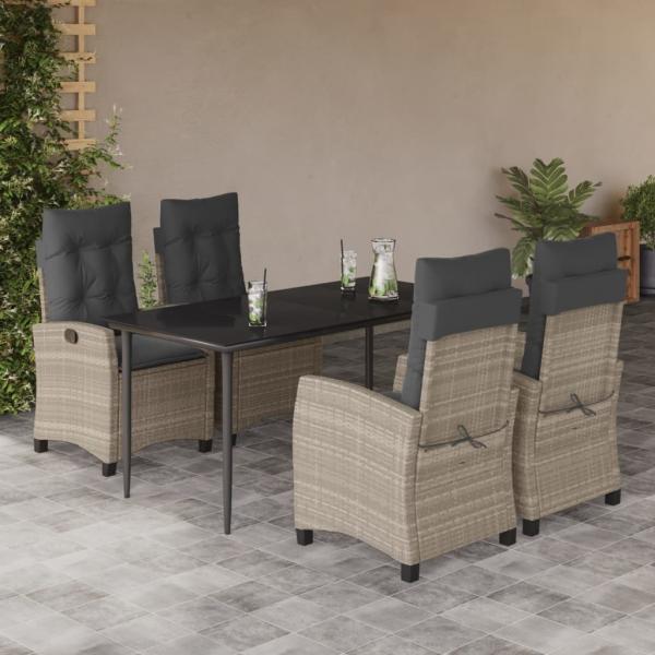 ARDEBO.de - 5-tlg. Garten-Essgruppe mit Kissen Hellgrau Poly Rattan