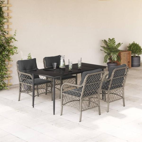 ARDEBO.de - 5-tlg. Garten-Essgruppe mit Kissen Hellgrau Poly Rattan