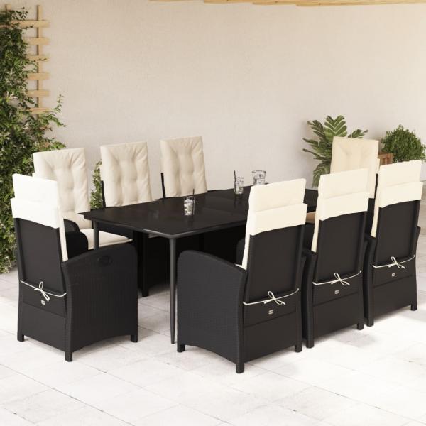 ARDEBO.de - 9-tlg. Garten-Essgruppe mit Kissen Schwarz Poly Rattan