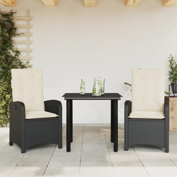 ARDEBO.de - 3-tlg. Garten-Essgruppe mit Kissen Schwarz Poly Rattan