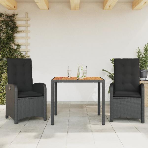 ARDEBO.de - 3-tlg. Garten-Essgruppe mit Kissen Schwarz Poly Rattan