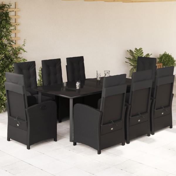 ARDEBO.de - 9-tlg. Garten-Essgruppe mit Kissen Schwarz Poly Rattan