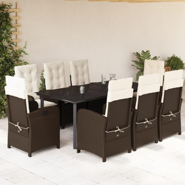 ARDEBO.de - 9-tlg. Garten-Essgruppe mit Kissen Braun Poly Rattan