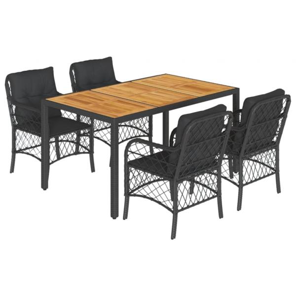 5-tlg. Garten-Essgruppe mit Kissen Schwarz Poly Rattan