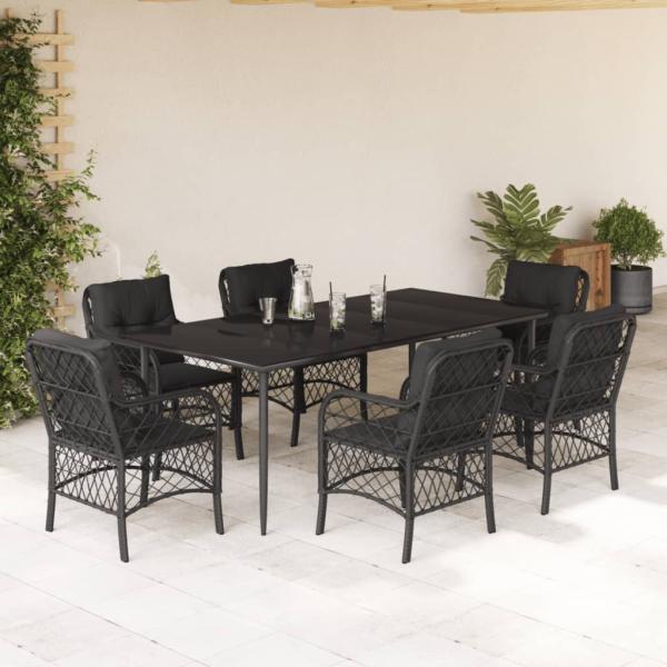 ARDEBO.de - 7-tlg. Garten-Essgruppe mit Kissen Schwarz Poly Rattan