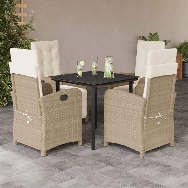 ARDEBO.de - 5-tlg. Garten-Essgruppe mit Kissen Beige Poly Rattan