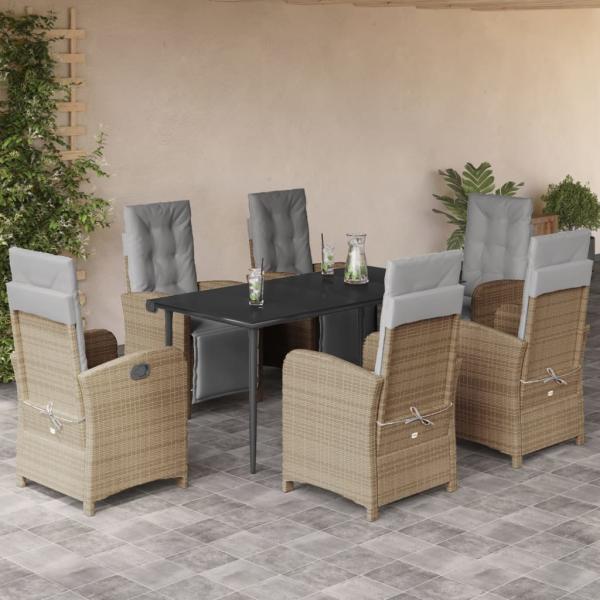 ARDEBO.de - 7-tlg. Garten-Essgruppe mit Kissen Beige Poly Rattan