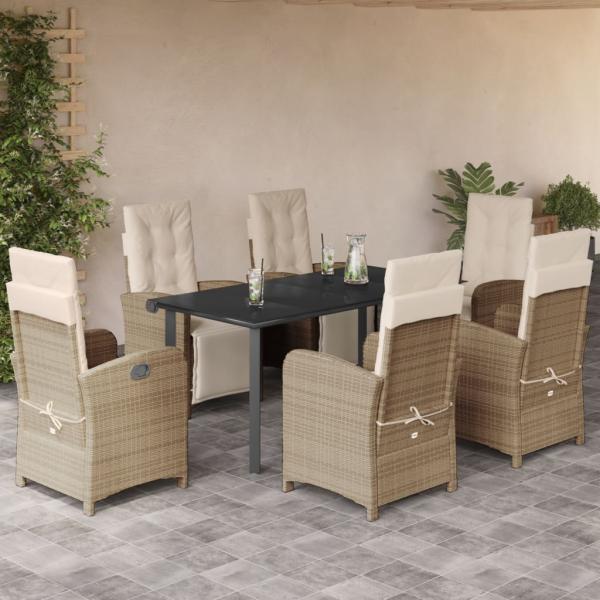ARDEBO.de - 7-tlg. Garten-Essgruppe mit Kissen Beige Poly Rattan