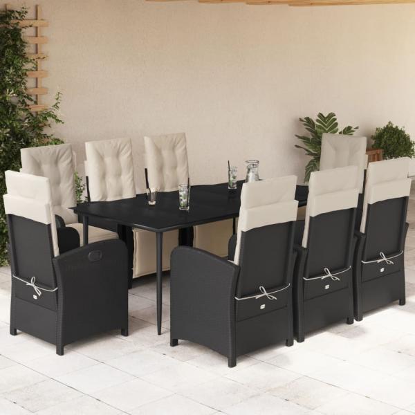 ARDEBO.de - 9-tlg. Garten-Essgruppe mit Kissen Schwarz Poly Rattan