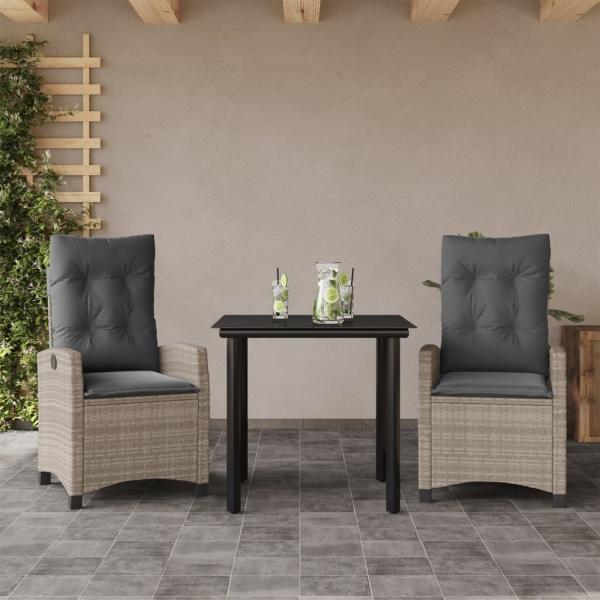 ARDEBO.de - 3-tlg. Garten-Essgruppe mit Kissen Hellgrau Poly Rattan