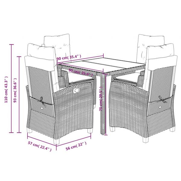 5-tlg. Garten-Essgruppe mit Kissen Grau Poly Rattan