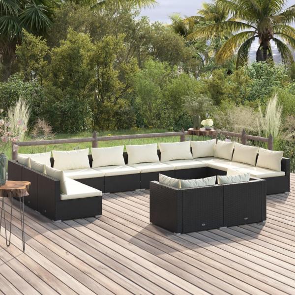 ARDEBO.de - 12-tlg. Garten-Lounge-Set mit Kissen Schwarz Poly Rattan