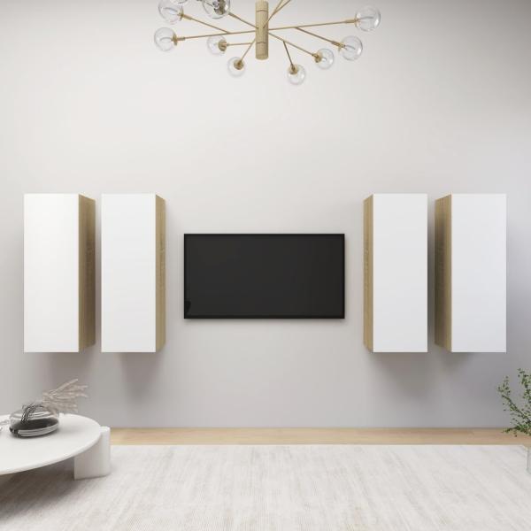 ARDEBO.de - TV-Schränke 4 Stk. Weiß Sonoma-Eiche 30,5x30x90cm Holzwerkstoff
