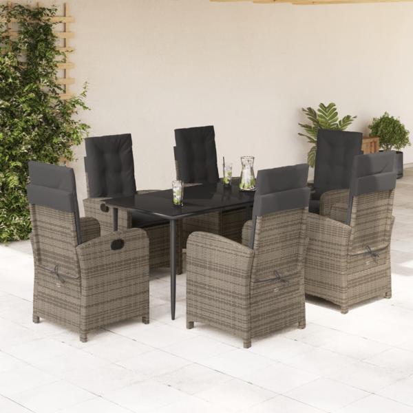ARDEBO.de - 7-tlg. Garten-Essgruppe mit Kissen Grau Poly Rattan