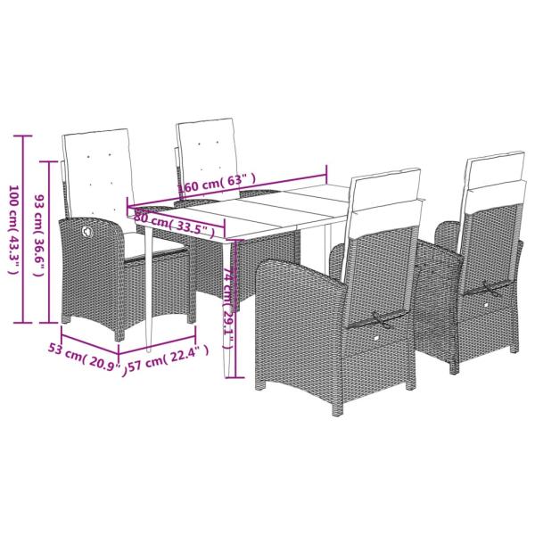 5-tlg. Garten-Essgruppe mit Kissen Braun Poly Rattan