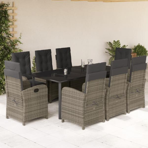 ARDEBO.de - 9-tlg. Garten-Essgruppe mit Kissen Grau Poly Rattan