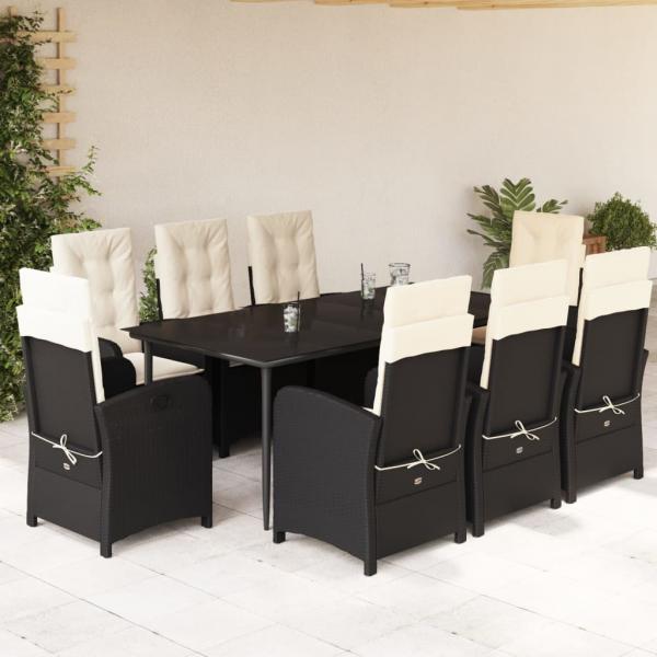 ARDEBO.de - 9-tlg. Garten-Essgruppe mit Kissen Schwarz Poly Rattan