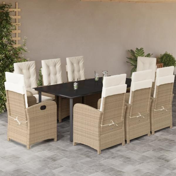 ARDEBO.de - 9-tlg. Garten-Essgruppe mit Kissen Beige Poly Rattan