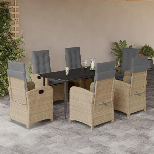 ARDEBO.de - 7-tlg. Garten-Essgruppe mit Kissen Beigemischung Poly Rattan