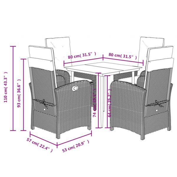5-tlg. Garten-Essgruppe mit Kissen Braun Poly Rattan