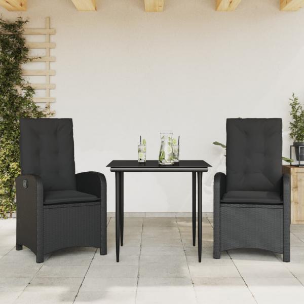 ARDEBO.de - 3-tlg. Garten-Essgruppe mit Kissen Schwarz Poly Rattan