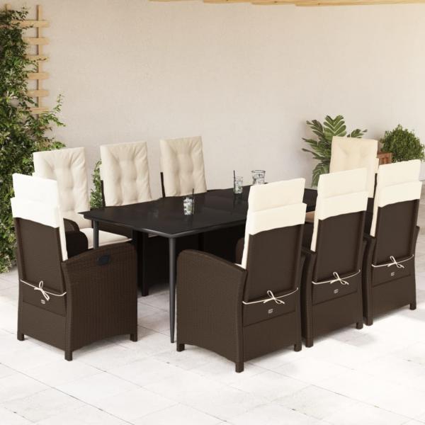 ARDEBO.de - 9-tlg. Garten-Essgruppe mit Kissen Braun Poly Rattan
