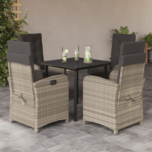ARDEBO.de - 5-tlg. Garten-Essgruppe mit Kissen Hellgrau Poly Rattan