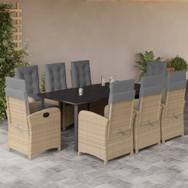 ARDEBO.de - 9-tlg. Garten-Essgruppe mit Kissen Beigemischung Poly Rattan