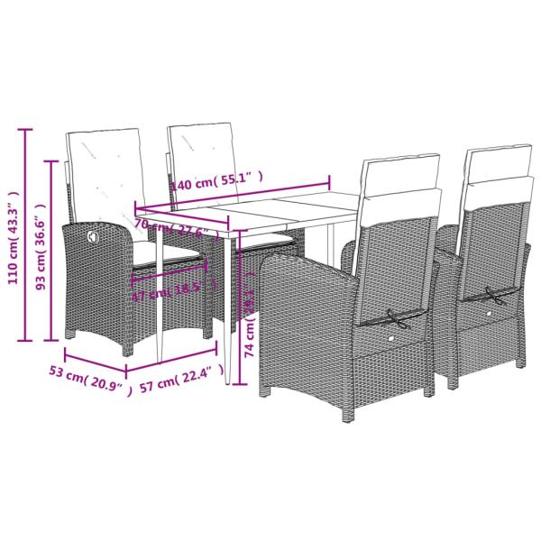 5-tlg. Garten-Essgruppe mit Kissen Grau Poly Rattan