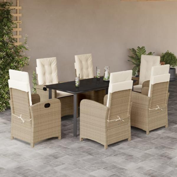 ARDEBO.de - 7-tlg. Garten-Essgruppe mit Kissen Beige Poly Rattan