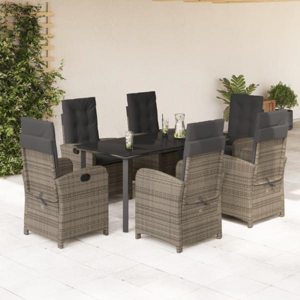 ARDEBO.de - 7-tlg. Garten-Essgruppe mit Kissen Grau Poly Rattan