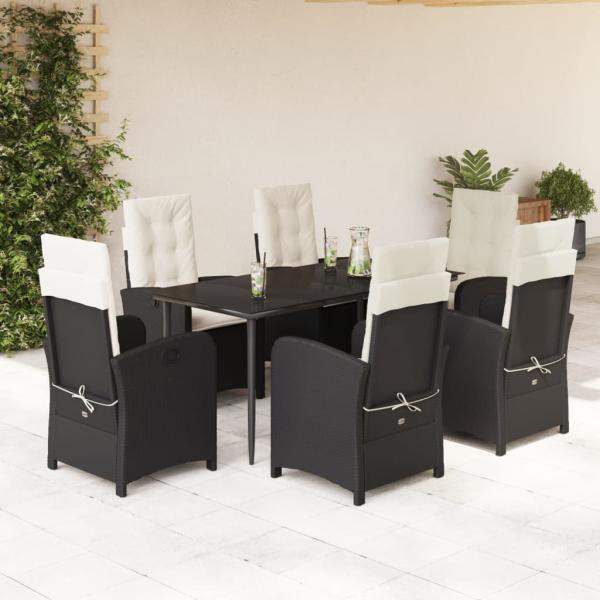 ARDEBO.de - 7-tlg. Garten-Essgruppe mit Kissen Schwarz Poly Rattan