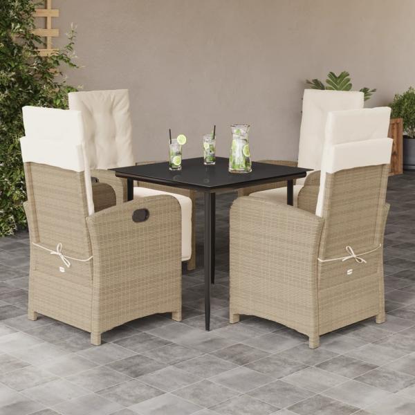 ARDEBO.de - 5-tlg. Garten-Essgruppe mit Kissen Beige Poly Rattan