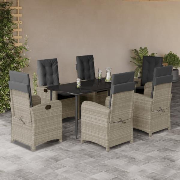 ARDEBO.de - 7-tlg. Garten-Essgruppe mit Kissen Hellgrau Poly Rattan