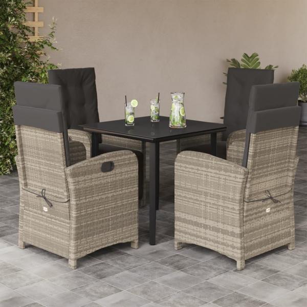 ARDEBO.de - 5-tlg. Garten-Essgruppe mit Kissen Hellgrau Poly Rattan