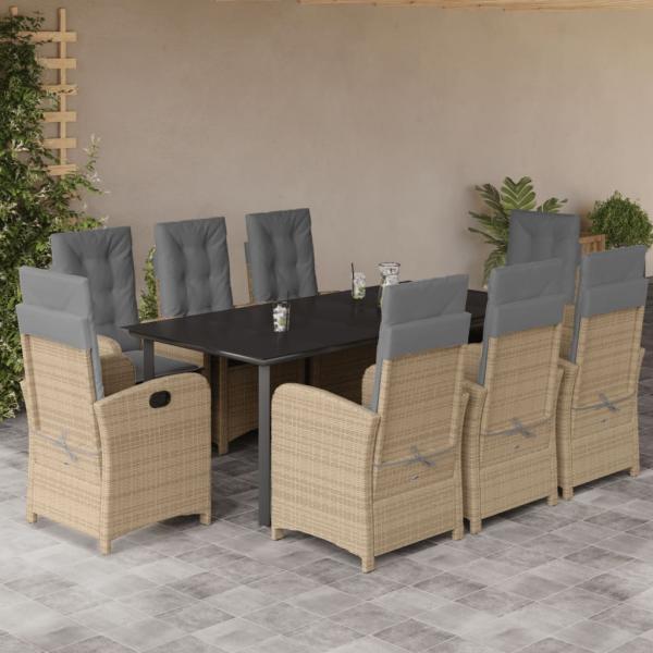 ARDEBO.de - 9-tlg. Garten-Essgruppe mit Kissen Beigemischung Poly Rattan