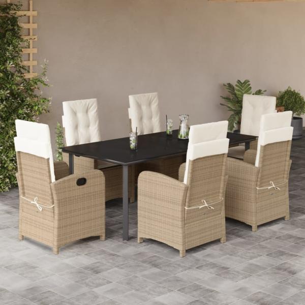 ARDEBO.de - 7-tlg. Garten-Essgruppe mit Kissen Beige Poly Rattan