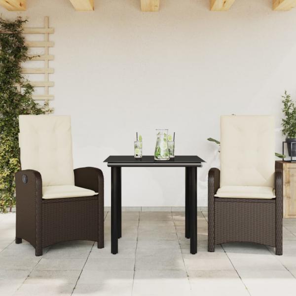 ARDEBO.de - 3-tlg. Garten-Essgruppe mit Kissen Braun Poly Rattan