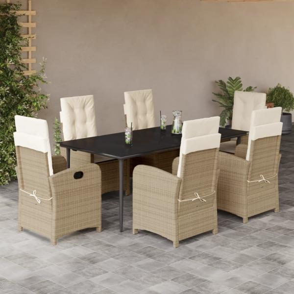 ARDEBO.de - 7-tlg. Garten-Essgruppe mit Kissen Beige Poly Rattan