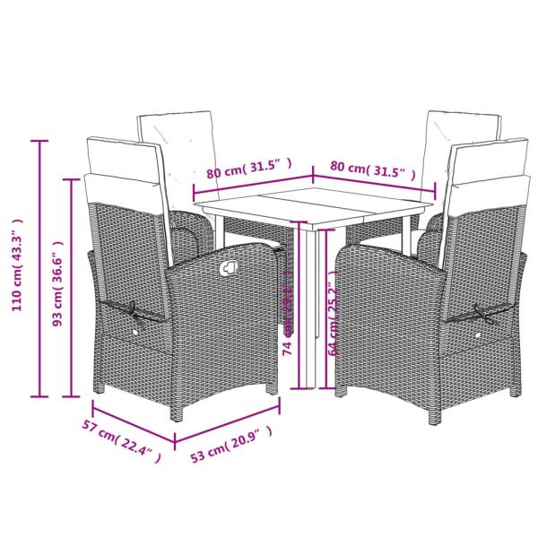 5-tlg. Garten-Essgruppe mit Kissen Grau Poly Rattan