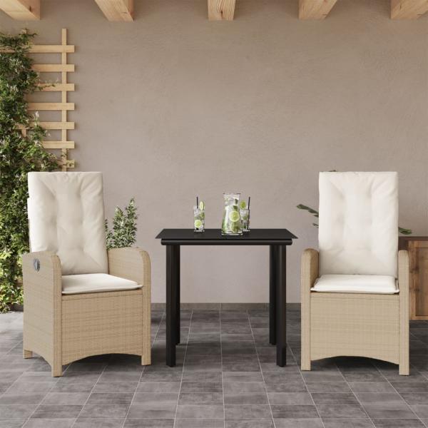 ARDEBO.de - 3-tlg. Garten-Essgruppe mit Kissen Beige Poly Rattan
