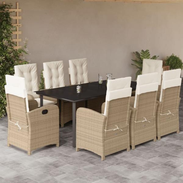 ARDEBO.de - 9-tlg. Garten-Essgruppe mit Kissen Beige Poly Rattan