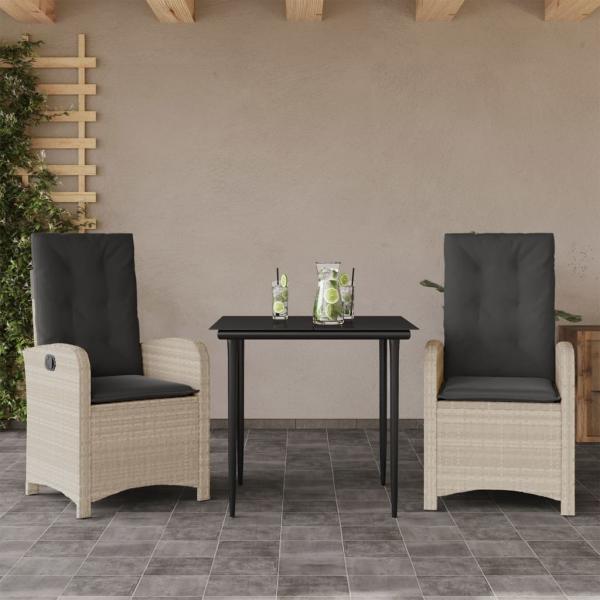 ARDEBO.de - 3-tlg. Garten-Essgruppe mit Kissen Hellgrau Poly Rattan