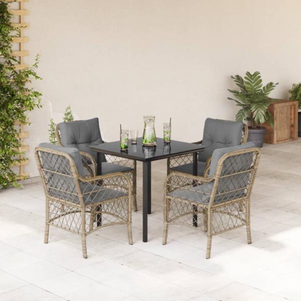 ARDEBO.de - 5-tlg. Garten-Essgruppe mit Kissen Beigemischung Poly Rattan