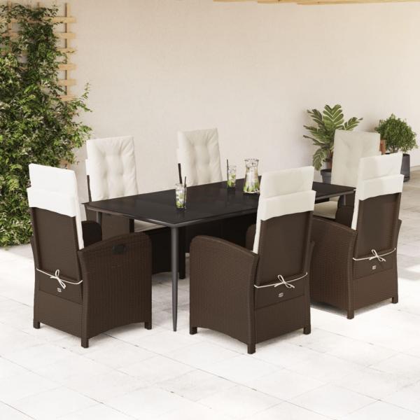 ARDEBO.de - 7-tlg. Garten-Essgruppe mit Kissen Braun Poly Rattan