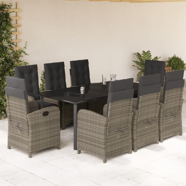 ARDEBO.de - 9-tlg. Garten-Essgruppe mit Kissen Grau Poly Rattan