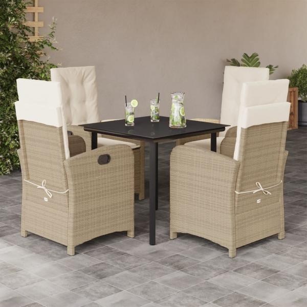 ARDEBO.de - 5-tlg. Garten-Essgruppe mit Kissen Beige Poly Rattan