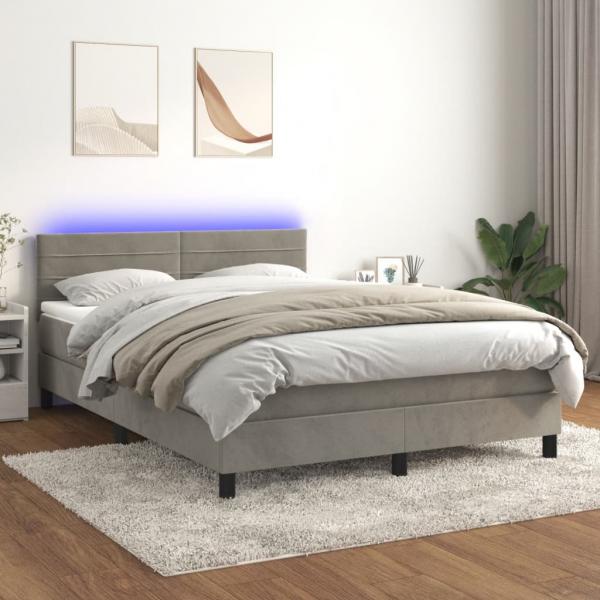 ARDEBO.de - Boxspringbett mit Matratze & LED Hellgrau 140x190 cm Samt
